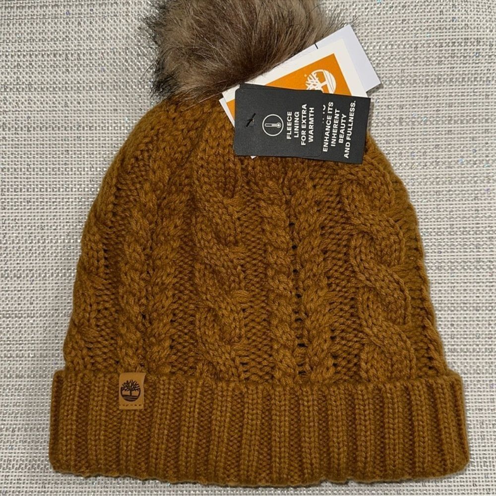 Timberland Camel Brown Cable Knit Faux Fur  Pom Pom Fleece Lined Hat